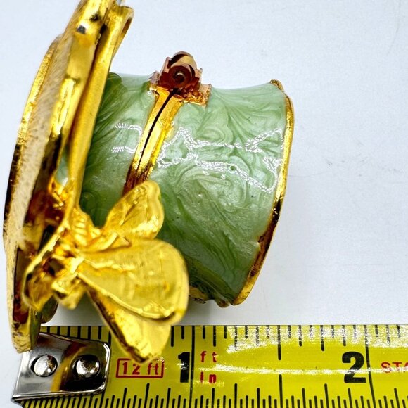 Ornate Tea Cup Jewelry Box Gold Rhinestone Embellishments Butterfly Green - Picture 2 of 9